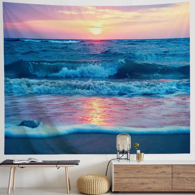 IcosaMro Ocean Tapestry Wall Hanging, Sea Beach Wave Sun Cloud Landscape Scenery Nature Wall Art [Double-Folded Hems] Bohemian Home Decor for Bedroom, Dorm, College, Living Room, 51x60, Blue - Image 1